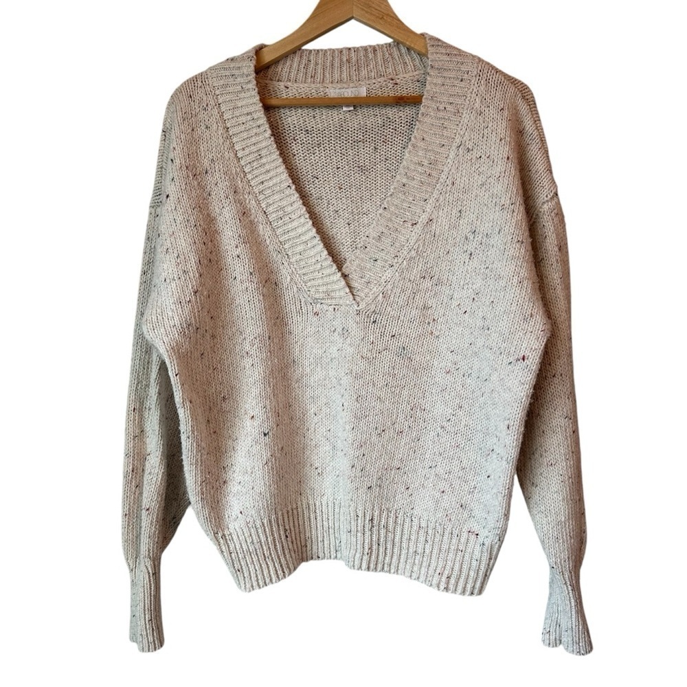ABOUND Cozy Beige Knit Sweater with Colorful Specks, Long Sleeve, V Neck, Large